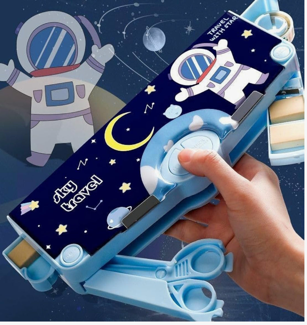 Spot Hunt Jumbo Size Multi-Functional Astronaut Space Theme Pencil Modern Geometry Box with Accessories | Gifts for Kids (Plastic, Blue)