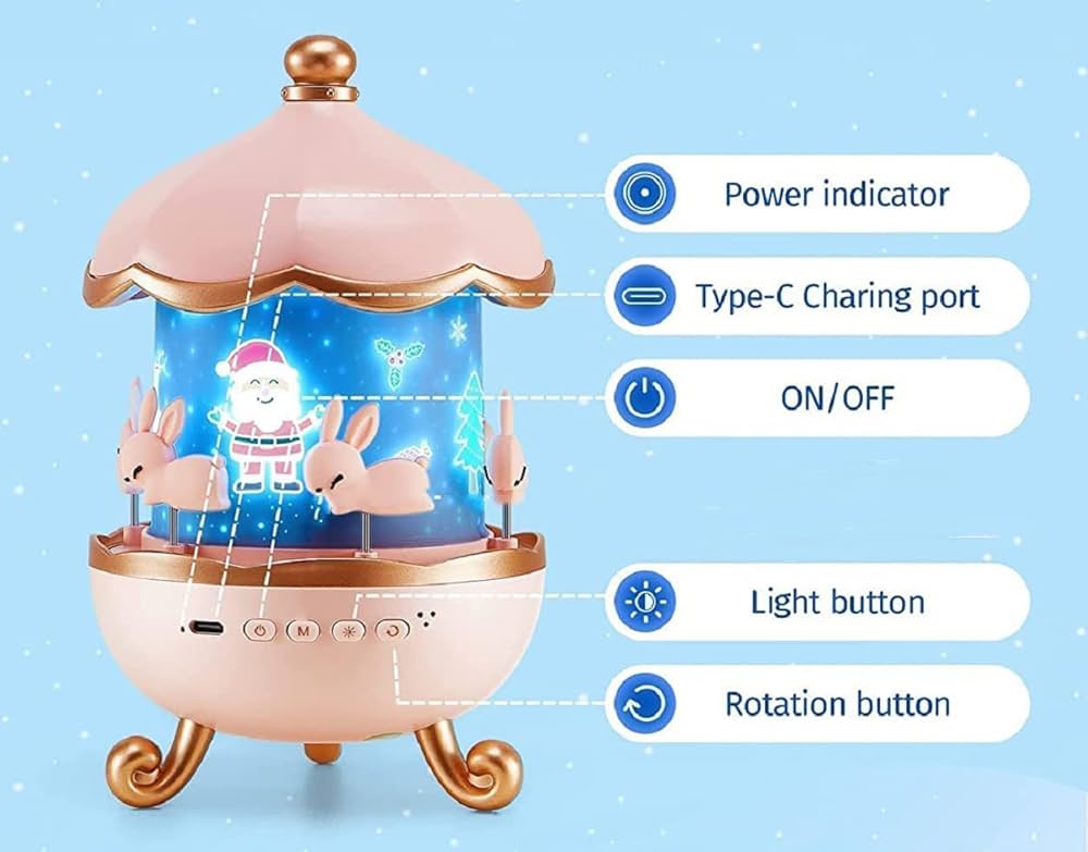 Spot Hunt Bunny Carousel Night Light Projector, 6 Set Films Rotatable Rabbit Night Lamp for Kids Room Decor (Bunny Night Light)