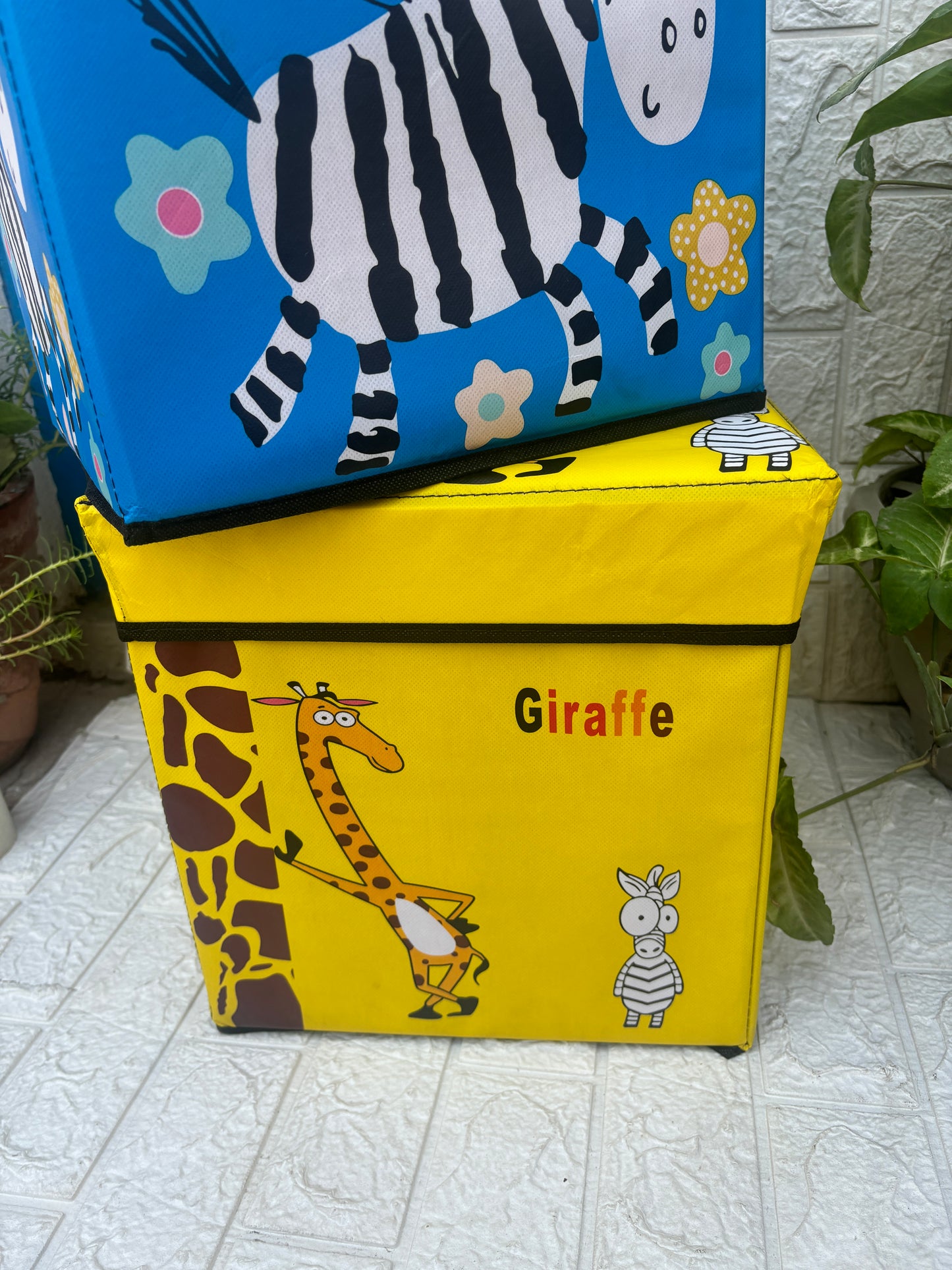 Giraffe print folding storage organiser and stool for kids