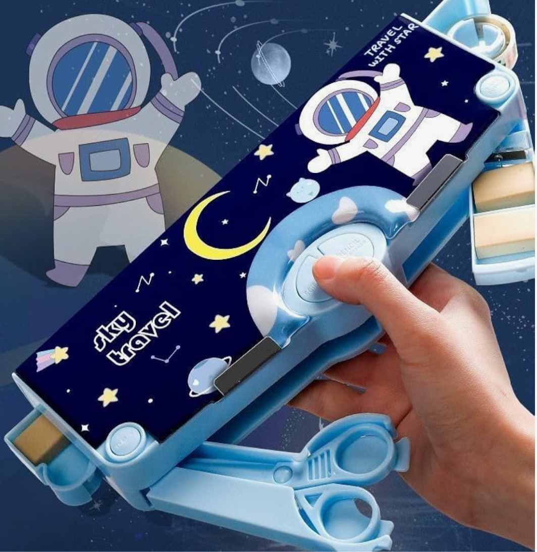 Spot Hunt Jumbo Size Multi-Functional Astronaut Space Theme Pencil Modern Geometry Box with Accessories | Gifts for Kids (Plastic, Blue)