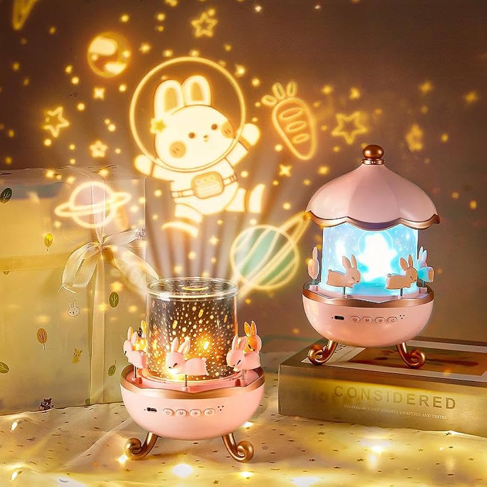 Spot Hunt Bunny Carousel Night Light Projector, 6 Set Films Rotatable Rabbit Night Lamp for Kids Room Decor (Bunny Night Light)
