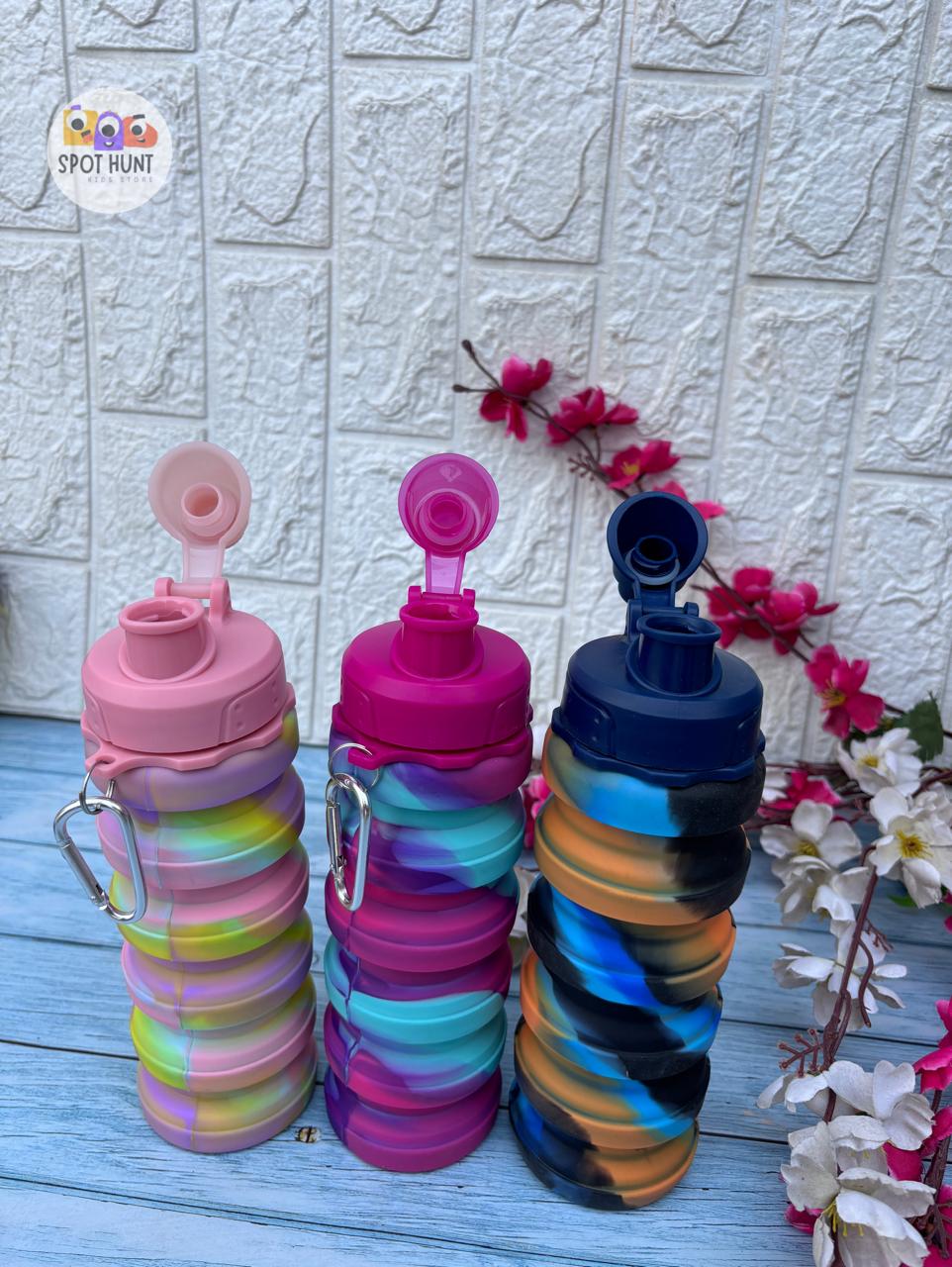 Spot HUNT Silicone Folding Collapsible Water Bottle Silicon Portable Leak Proof Collapsible Water Bottle Expandable & Foldable Light Weight Water Bottle 500ml (Multicolor, Pack of 1)