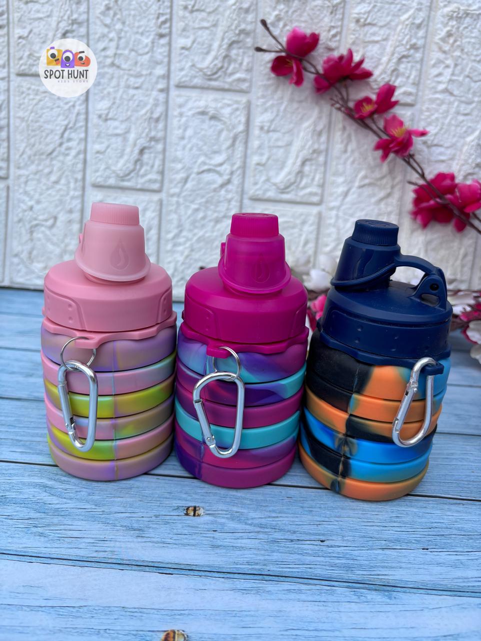 Spot HUNT Silicone Folding Collapsible Water Bottle Silicon Portable Leak Proof Collapsible Water Bottle Expandable & Foldable Light Weight Water Bottle 500ml (Multicolor, Pack of 1)