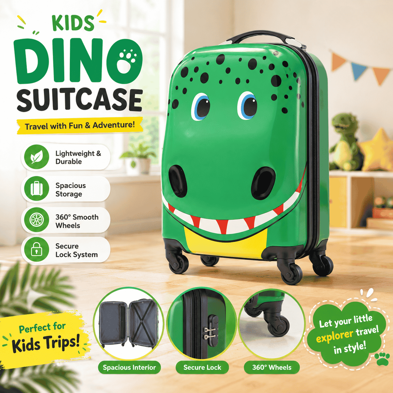 Green Dinosaur Kids Trolley Suitcase | Hard Shell Cabin Luggage with 360° Spinner Wheels