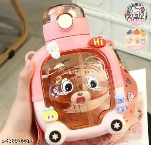 Spot hunt Bear glass bottle Cute Design Square Transparent Sipper Water Bottle, with Adjustable Strap with Free 3D Stickers For Boys and Girl's - 1000ml