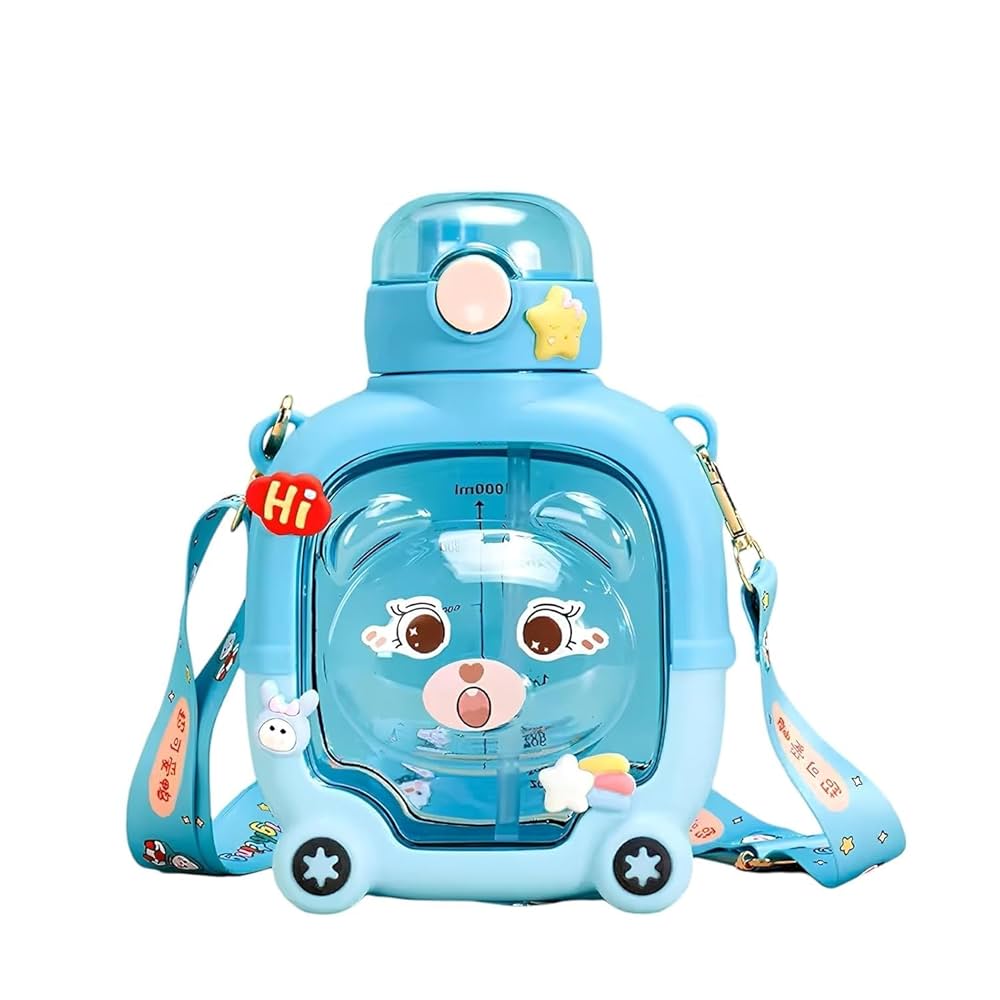 Spot hunt Bear glass bottle Cute Design Square Transparent Sipper Water Bottle, with Adjustable Strap with Free 3D Stickers For Boys and Girl's - 1000ml
