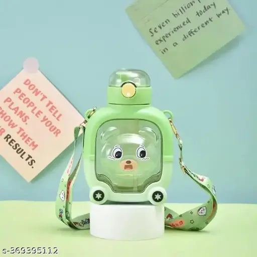 Spot hunt Bear glass bottle Cute Design Square Transparent Sipper Water Bottle, with Adjustable Strap with Free 3D Stickers For Boys and Girl's - 1000ml