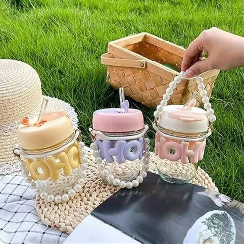 Spot hunt Glass Coffee Tumbler with Lid and Straw Pack of 1,Drinking Glasses Iced Tea Cup Chain Belt & Sleeve Double Juice Smoothies Milk Home & Travel