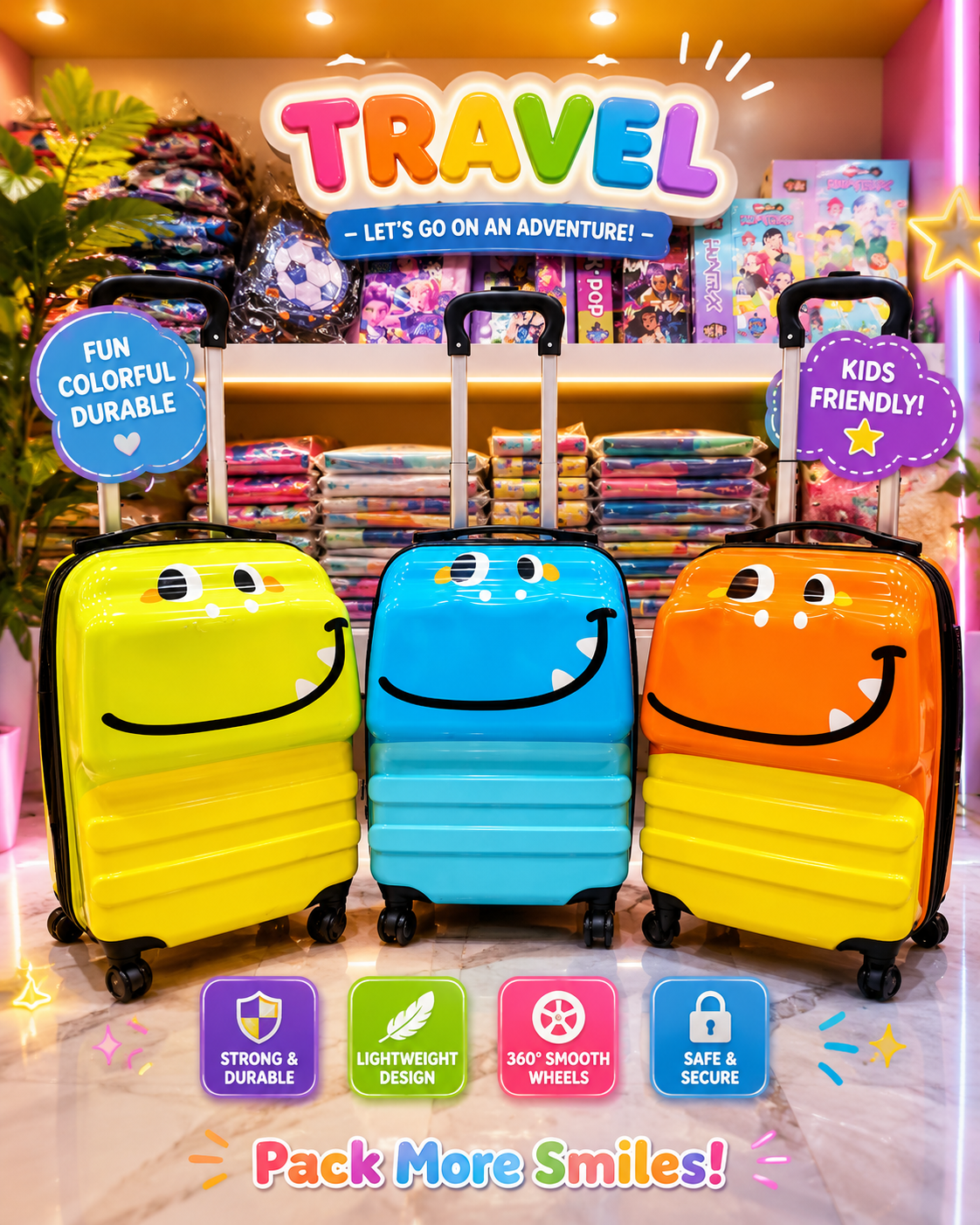 Kids Cartoon Hard Shell Trolley Suitcase with 360° Spinner Wheels | Lightweight Travel Luggage for Children