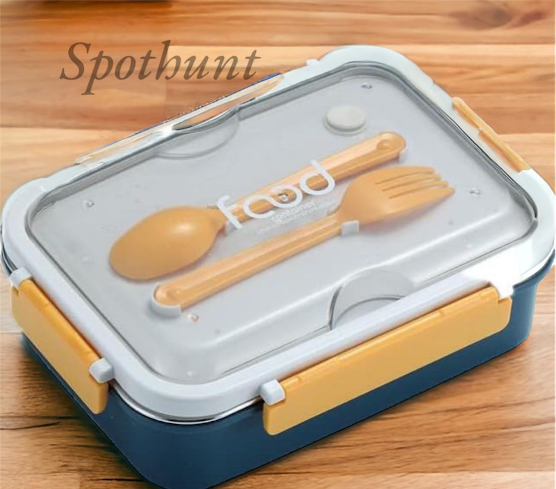 Stainless Steel 3 Compartment Insulated Lunch Box with Plastic Spoon Fork,Removable Inner Plate,Tiffin Box for Adults,Kids,Office,&School Multi-Color -Pack of 1