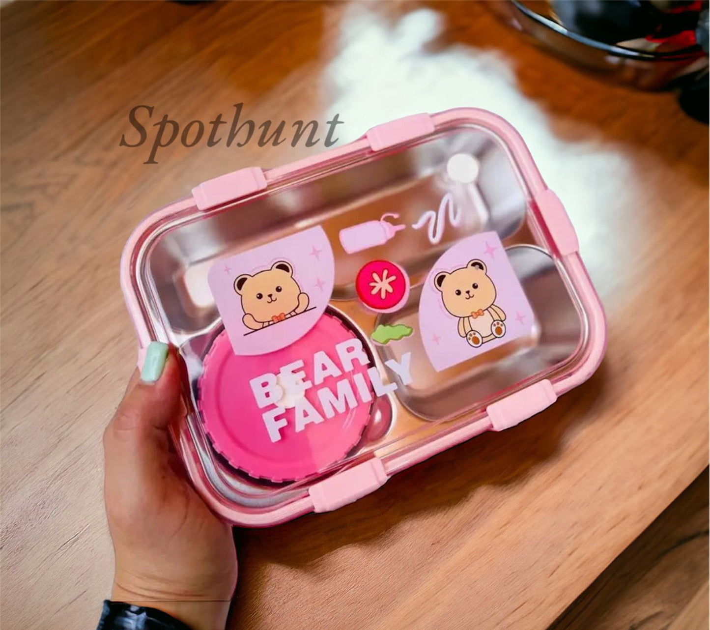 Bear family Lunch Box For Office | Lunch Box For School  | 0.7 Kg | 1200Ml (3 Compartment with bowl Stainless Steel), 1.2 Liter