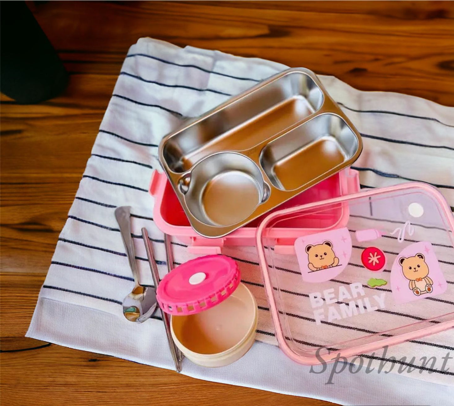 Bear family Lunch Box For Office | Lunch Box For School | 0.7 Kg | 1200Ml (3 Compartment with bowl Stainless Steel), 1.2 Liter