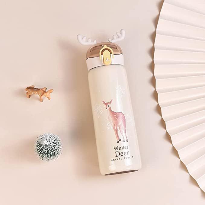 Spot Hunt Deer Shape Edition Insulated Kids Water Bottle // Deer Horns Thermos Flask Bottle with Straw // Hot & Cold Stainless Steel Bottle (Multicolor) (Pack of 1)