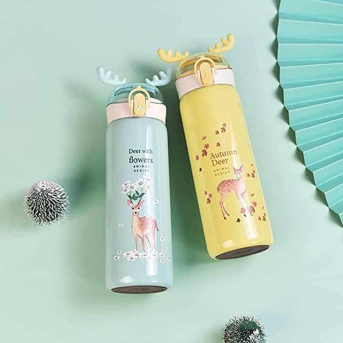 Spot Hunt Deer Shape Edition Insulated Kids Water Bottle // Deer Horns Thermos Flask Bottle with Straw // Hot & Cold Stainless Steel Bottle (Multicolor) (Pack of 1)