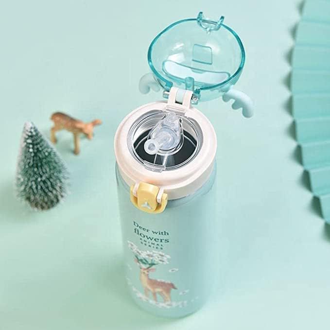 Spot Hunt Deer Shape Edition Insulated Kids Water Bottle // Deer Horns Thermos Flask Bottle with Straw // Hot & Cold Stainless Steel Bottle (Multicolor) (Pack of 1)