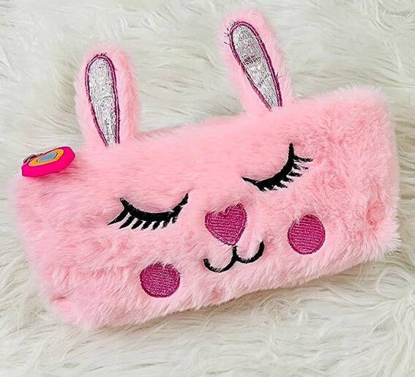Rabbit Fur Pencil Pouch Cute Soft Rabbit Face Pencil Pouch Geometry Box (Pink)