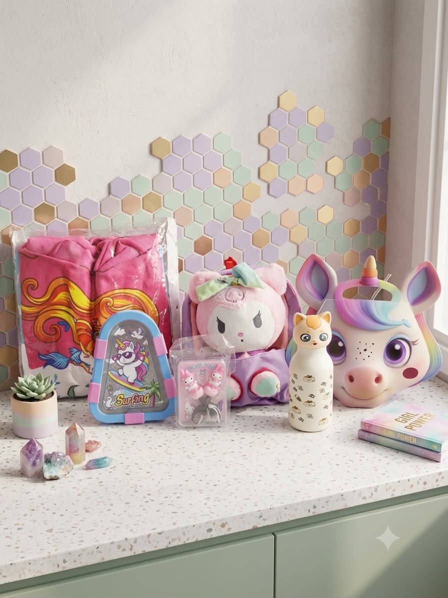 Deluxe Unicorn & Anime Character Gift Hampers for Kids (Includes 3D Unicorn Bag, Plush Toy, Water Bottle, Stationery & Printed Towel Set)