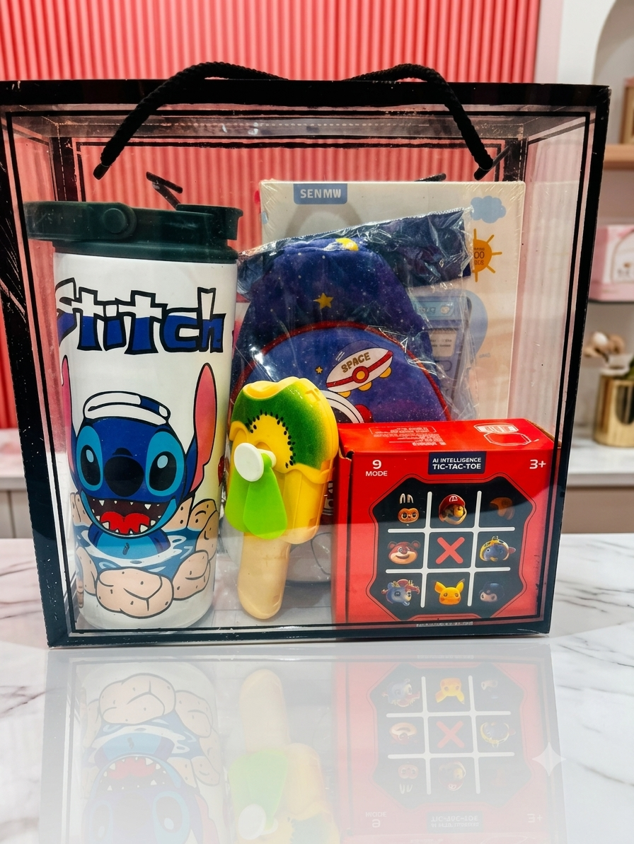 Kids Premium Gift Hamper | Stitch Tumbler, Space Sling Bag, Mini Fan, Smart Tic Tac Toe Game & Cute Gift Box | Birthday Return Gift for Boys & Girls
