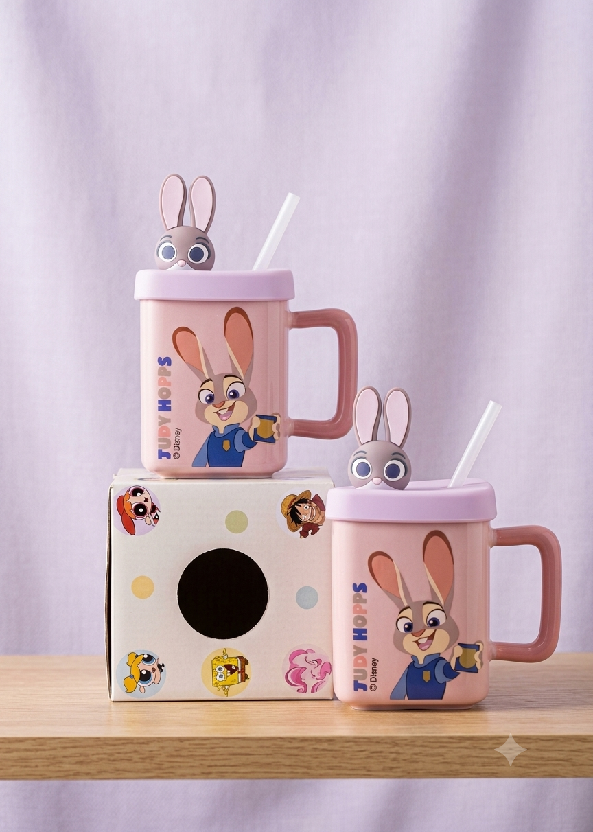 Cute Judy Hopps Ceramic Mug Set with Lid, Straw & 3D Bunny Figurine