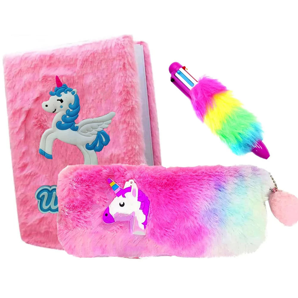 Unicorn 3 in 1 Combo Fur Gift Set for Gifting | Unicorn Fur Diary - Unicorn Fur Pouch - Unicorn 6in1 Fur Pen