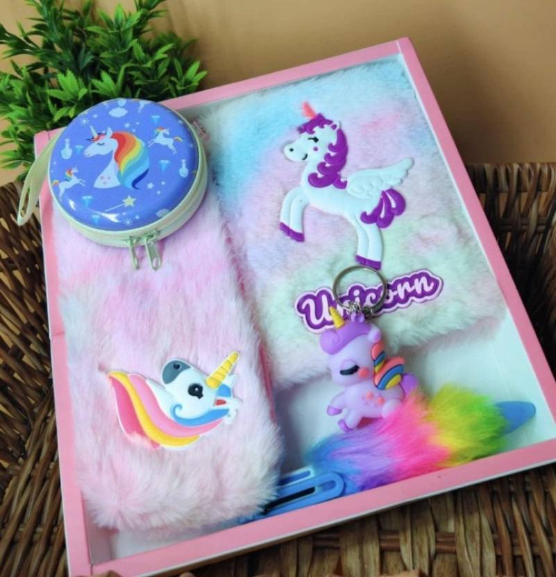 Unicorn Combo-5 Pcs A-6 Fur Diary/Fur Pouch/Pen/Eva coin pouch/Keychain Gift Set A6 Diary Ruled 80 Pages (Multicolor, Pack of 7)