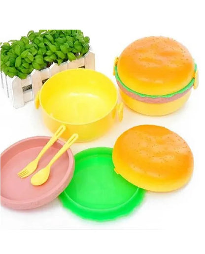 2 layer Burger Shape Lunch Box With Spoon and Fork (Color May Vary)