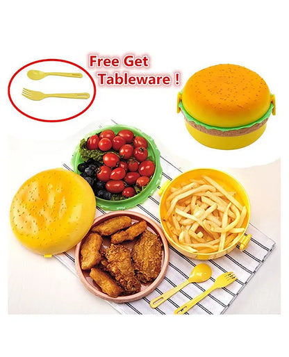 2 layer Burger Shape Lunch Box With Spoon and Fork (Color May Vary)