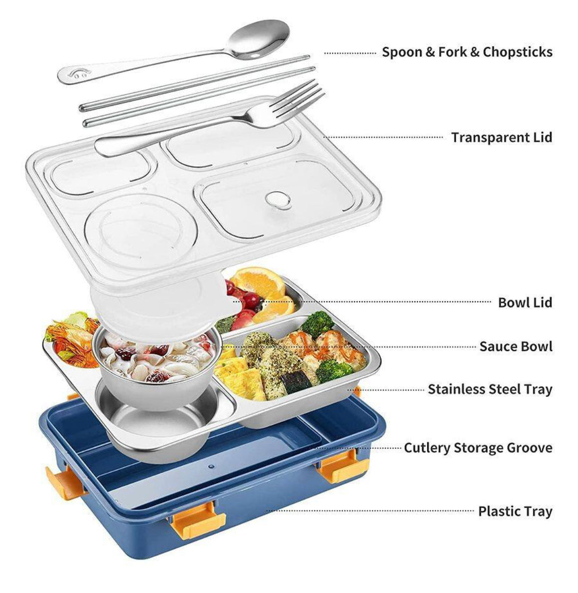 4 compartment stainless steel lunch box with Fork,Chopstick & Spoon Lid Office Food