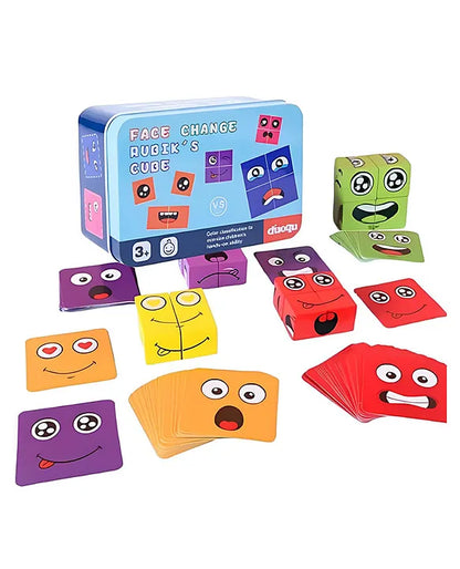 Wooden Cube Emoji Puzzle-Expression Cube Toy- 16 Cubes & Challenge Cards- Family Fun Games for Kids - Travel Board Games for Kids