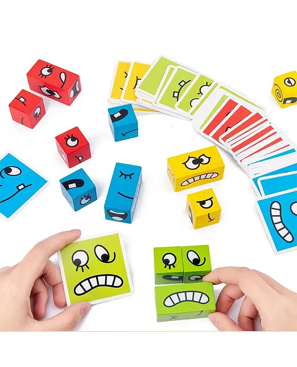 Wooden Cube Emoji Puzzle-Expression Cube Toy- 16 Cubes & Challenge Cards- Family Fun Games for Kids - Travel Board Games for Kids