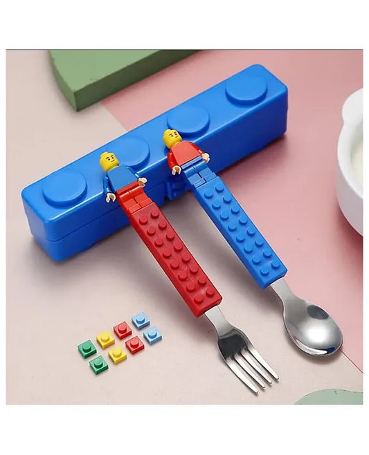 Spot Hunt Colourful Blocks Playful Design Tableware Feeding Spoon and Fork Set Perfect for Kids Breakfast School Lunch Box Meal Dinner