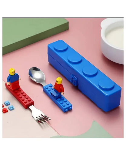 Spot Hunt Colourful Blocks Playful Design Tableware Feeding Spoon and Fork Set Perfect for Kids Breakfast School Lunch Box Meal Dinner