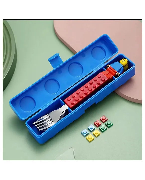 Spot Hunt Colourful Blocks Playful Design Tableware Feeding Spoon and Fork Set Perfect for Kids Breakfast School Lunch Box Meal Dinner