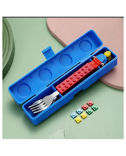 Spot Hunt Colourful Blocks Playful Design Tableware Feeding Spoon and Fork Set Perfect for Kids Breakfast School Lunch Box Meal Dinner