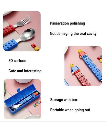 Spot Hunt Colourful Blocks Playful Design Tableware Feeding Spoon and Fork Set Perfect for Kids Breakfast School Lunch Box Meal Dinner