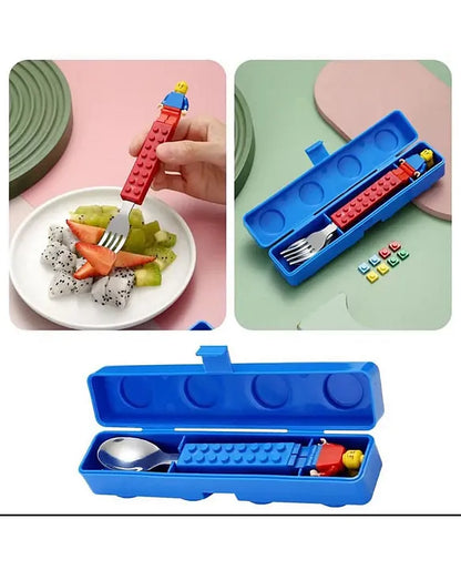 Spot Hunt Colourful Blocks Playful Design Tableware Feeding Spoon and Fork Set Perfect for Kids Breakfast School Lunch Box Meal Dinner