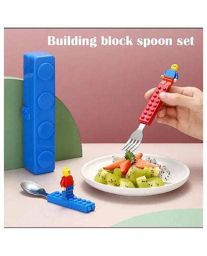Spot Hunt Colourful Blocks Playful Design Tableware Feeding Spoon and Fork Set Perfect for Kids Breakfast School Lunch Box Meal Dinner