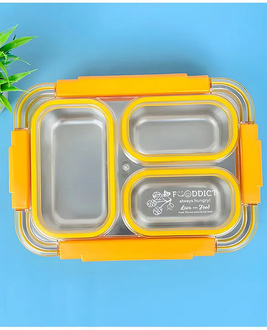 Spot Hunt Stainless Steel Table Lunch Box 3 Compartment Leak-Proof BPA Free With Spoon, Chopstick & Fork -710 ML - Color & Design May Vary