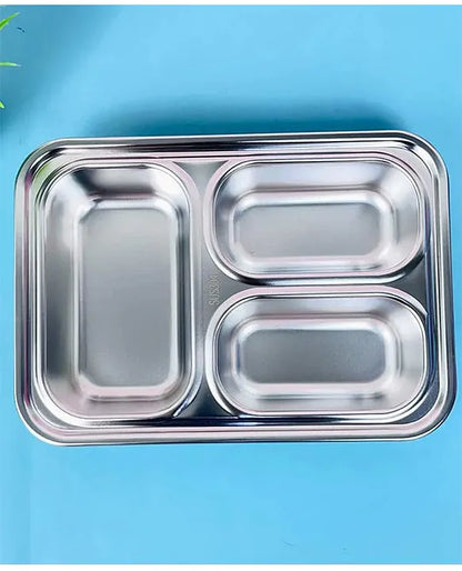 Spot Hunt Stainless Steel Table Lunch Box 3 Compartment Leak-Proof BPA Free With Spoon, Chopstick & Fork -710 ML - Color & Design May Vary
