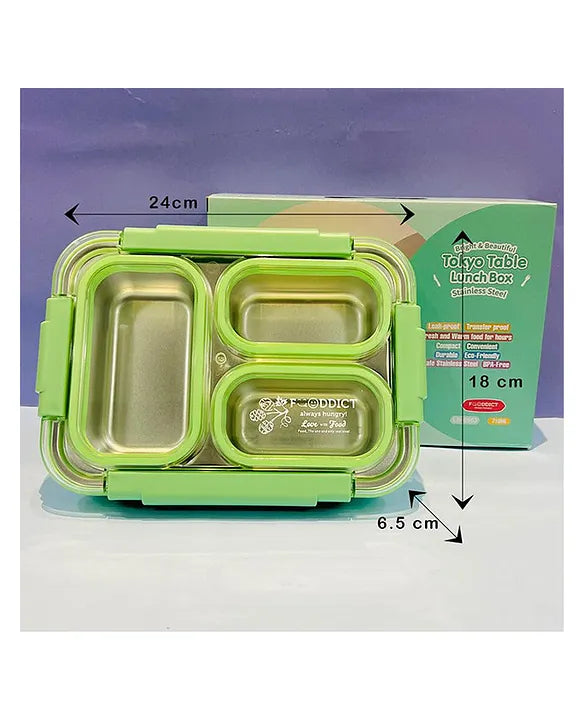 Spot Hunt Stainless Steel Table Lunch Box 3 Compartment Leak-Proof BPA Free With Spoon, Chopstick & Fork -710 ML - Color & Design May Vary