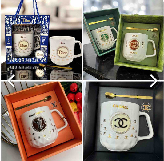 ceramic mug Starbucks, Dior, Louis Vuitton, Chanel, and Gucci.