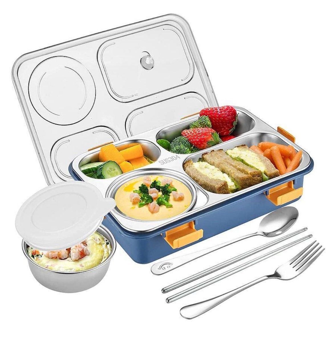 4 compartment stainless steel lunch box with Fork,Chopstick & Spoon Lid Office Food