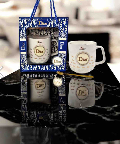 ceramic mug Starbucks, Dior, Louis Vuitton, Chanel, and Gucci.