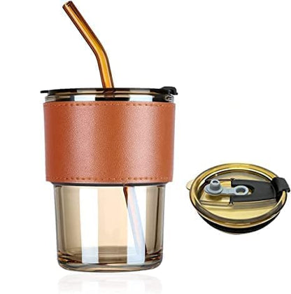 Glass Tumbler with Straw and Lid, Reusable Glass Coffee Tumbler, Beer Glasses, Drinking Glasses, Leather Protective Sleeve Glass Straw