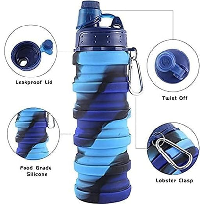Spot HUNT Silicone Folding Collapsible Water Bottle Silicon Portable Leak Proof Collapsible Water Bottle Expandable & Foldable Light Weight Water Bottle 500ml (Multicolor, Pack of 1)