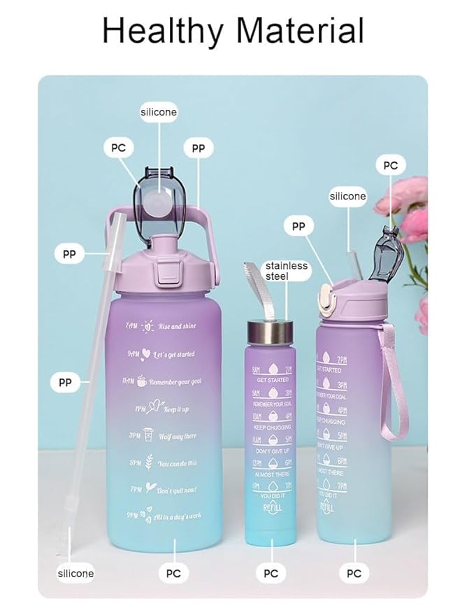 Set of 3 Water Bottle 2000ML, 900ML, 300ML with Motivational Time Marker, Leakproof Durable Sipper Water bottle for office,School, gym (Random Color Set of 3)
