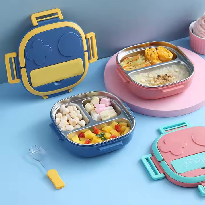 Stainless Steel Square Shape Insulated Lunch/Tiffin Box with Spoon for Kids