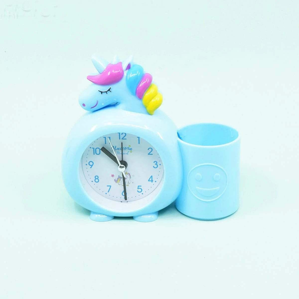 Spot Hunt Present Unicorn Table Battery Operated Alarm Clock with Pen Pencil Stand for Kids/Girls Decoration Room Cartoon Unicorn_Blue_13 X 14 X 5.5