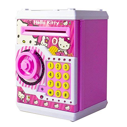 Spot HUNT Battery Operated Mini ATM Safe Kids Piggy Saving ATM Bank with Electronic Lock Coin Bank Cash Deposit ATM Cartoon Hello Kitty for Kids