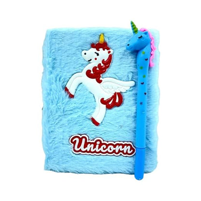 Unicorn Fur Diary for Girls Personal A6 Size Diary Fur Notebook with Ruled Page Approx. 180 Pages Soft Cute Fur Cover Diary for Girls (UNICORN FUR DIARY) with Gel Pen (Blue)